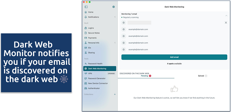 Screenshot of Dashlane's dark web monitor