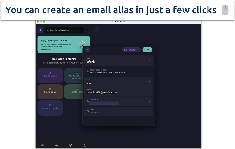 Screenshot showing how to create email aliases using Proton Pass