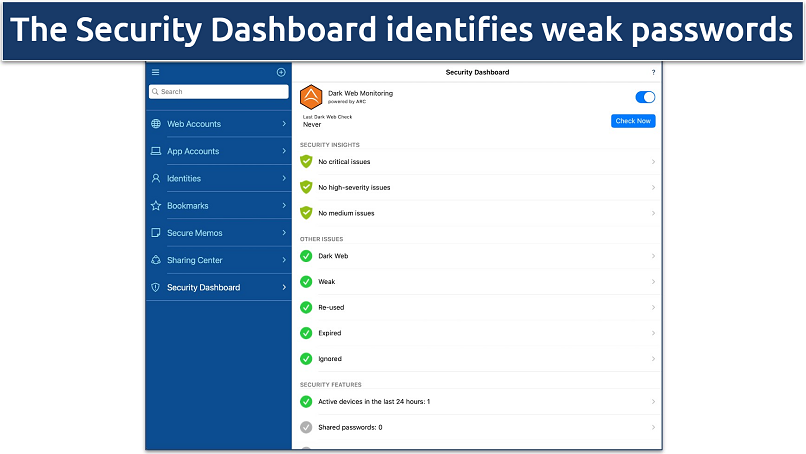 Screenshot of Sticky Passwords' Security Dashboard