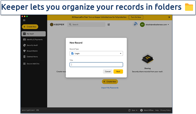 Screenshot showing how to create records and organize them in Keeper