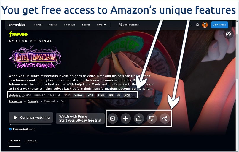 Screenshot of the Hotel Transylvania hub page on Amazon Freevee with the streaming features highlighted