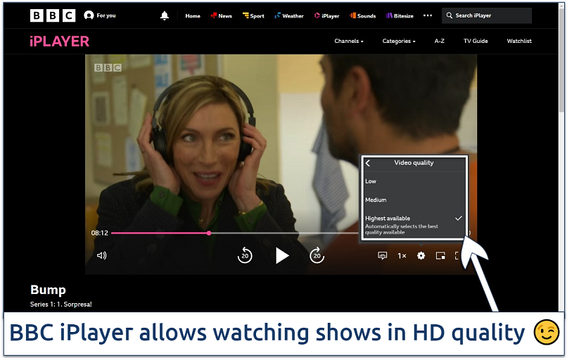 Screenshot of streaming Bump on BBC iPlayer with the selection of video quality highlighted