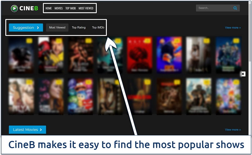 Screenshot of the CineB library with its Top Rating, Top IMBD, and other quick selection categories highlighted