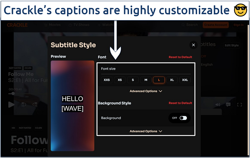 Screenshot of the Subtitle Style customization options in Sony Crackle