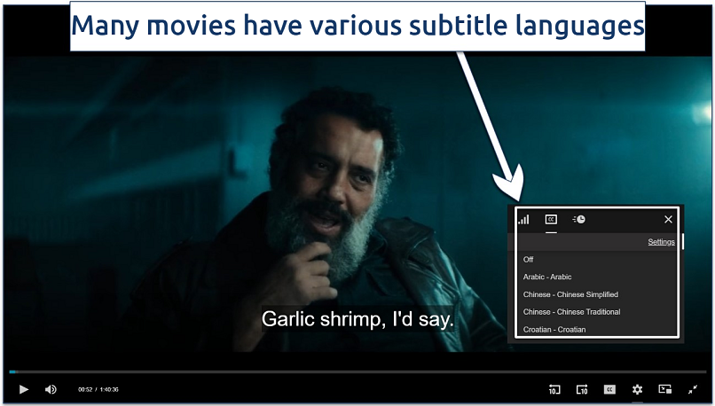 Screenshot of streaming on HiMovies with its subtitle options highlighted