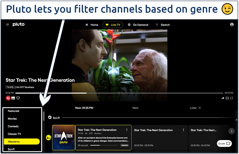 Screenshot of streaming Star Trek on Pluto TV with it's channel genres highlighted