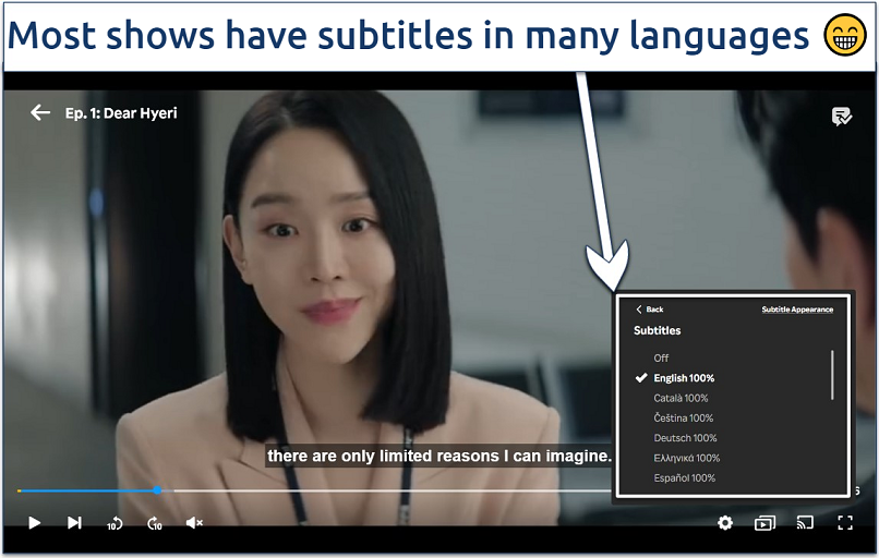 Screenshot of streaming Dear Hyeri on Rakuten Viki with the subtitle options highlighted