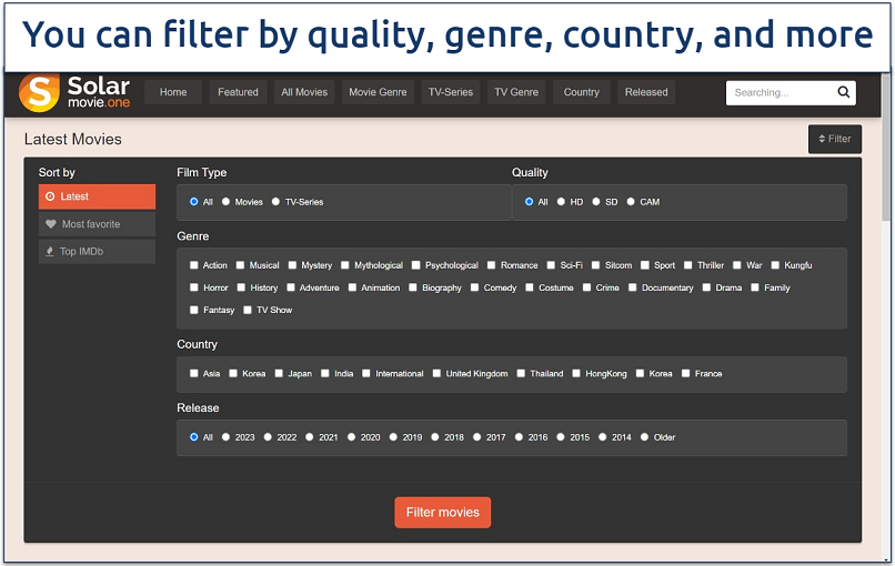 Screenshot of the SolarMovies advanced filter options