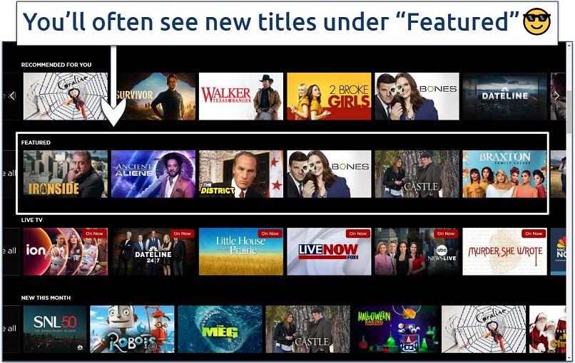 Screenshot of the streaming selection on The Roku Channel with the featured section highlighted