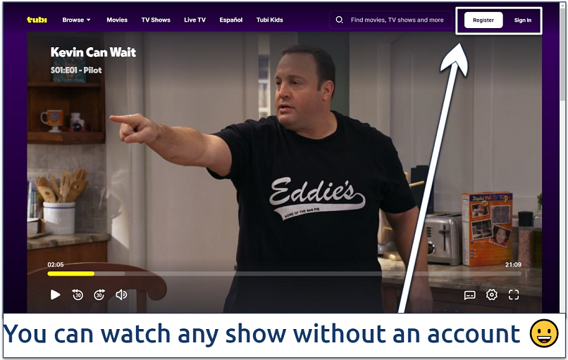 Screenshot of streaming Kevin Can Wait on Tubi with the registration and sign in buttons highlighted