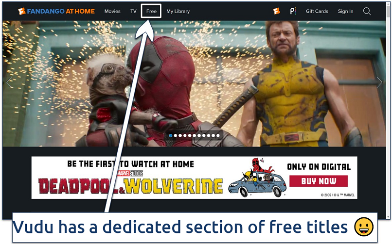 Screenshot of the Vudu Fandango At Home main page with the 