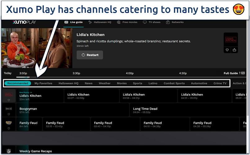 Screenshot of the wide channel selection on Xumo Play