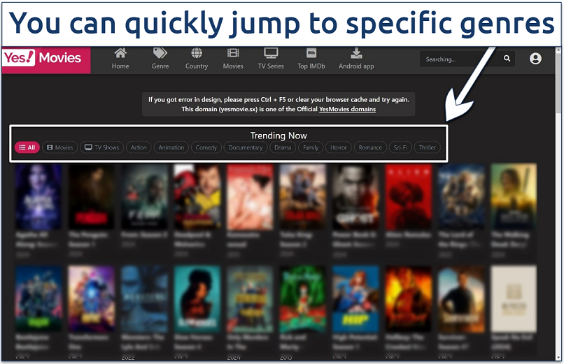 Screenshot of YesMovies' streaming library with its quick links to different genres highlighted