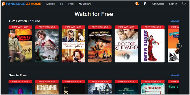 A screenshot showing the Fandango at Home/Vudu free content page