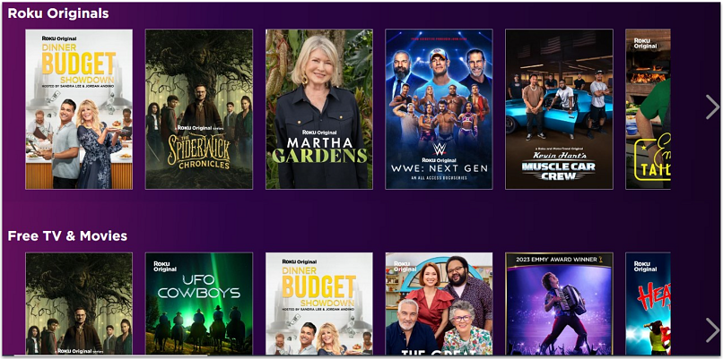 A screenshot showing the Roku Channel homepage