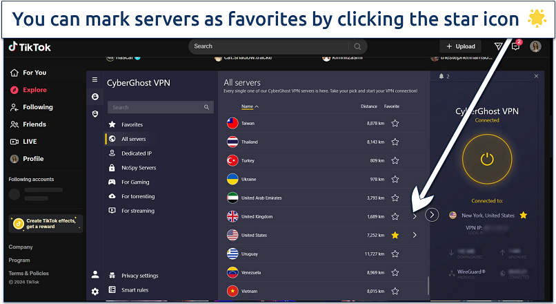 Screenshot of TikTok's explore page with CyberGhost connected to the US