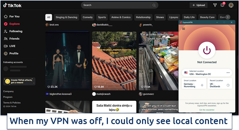 Screenshot of TikTok's explore page with ExpressVPN disconnected