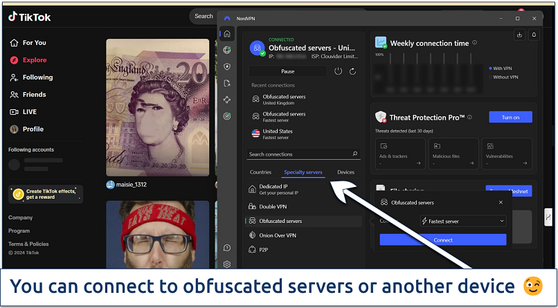 Screenshot of TikTok's Explore page with NordVPN connected to an obfuscated server in the UK