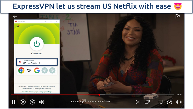 A screenshot of ExpressVPN streaming US Netflix on Los Angeles server