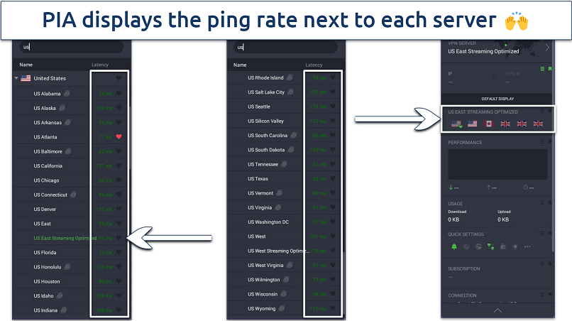 Screenshot of PIA's desktop app showing server list and Quick Settings