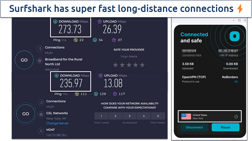 Screenshot of Surfshark speed test results on New York server