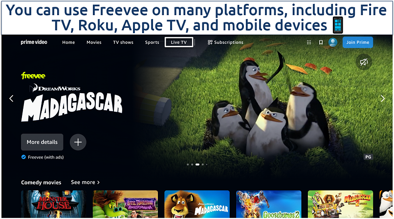 Screenshot of Amazon Freevee homepage