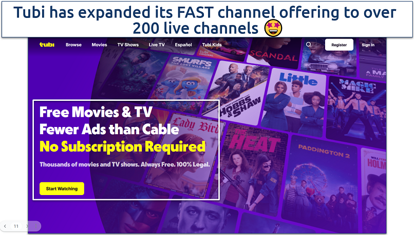 Screenshot of Tubi TV homepage