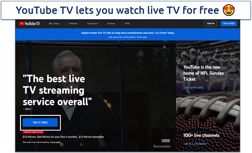 Screenshot of YouTube TV homepage