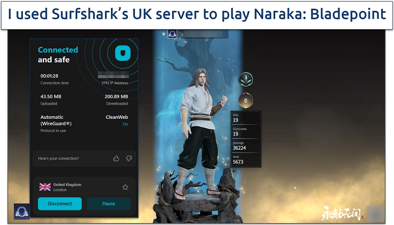 Screenshot of gaming on PC with Surfshark connected