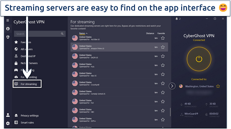 Screenshot displaying CyberGhost's Windows app with streaming servers highlighted