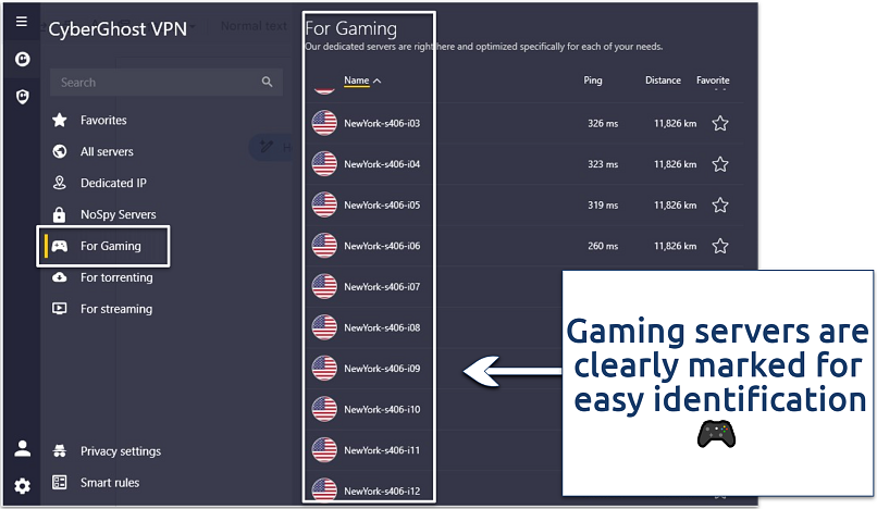 A screenshot of the CyberGhost gaming-optimized servers