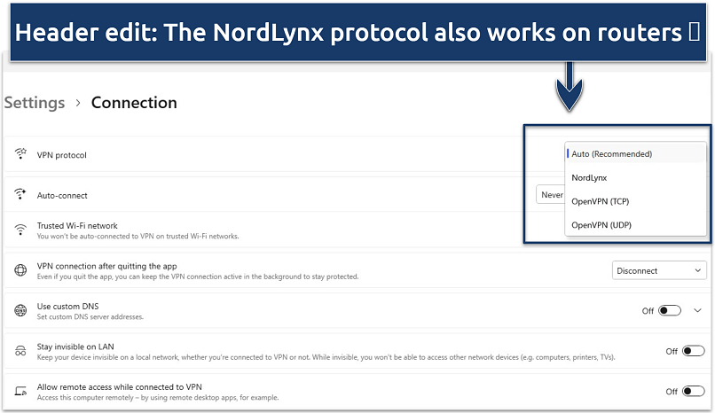 A screenshot of the NordVPN settings options