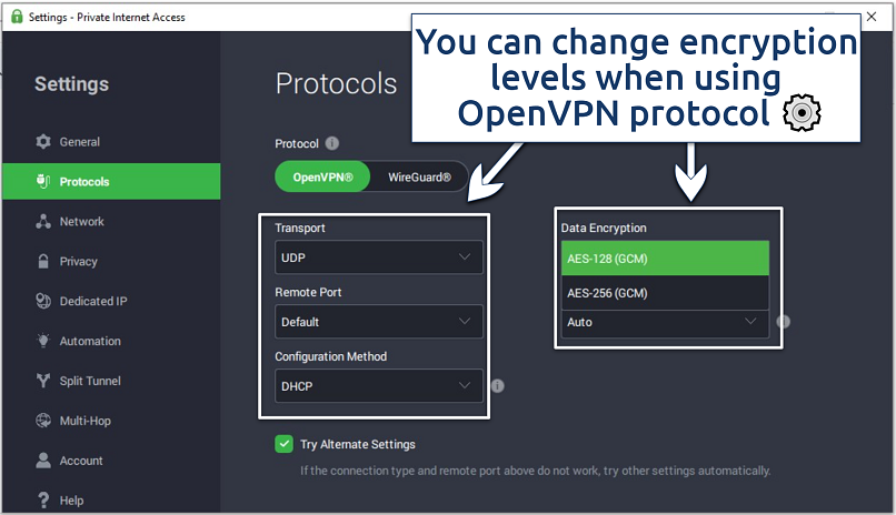 A screenshot of PIA's custom security settings