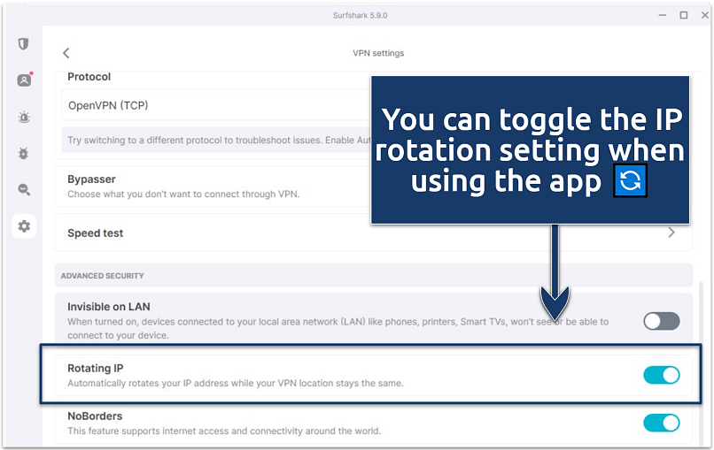 A screenshot of the Surfshark VPN settings