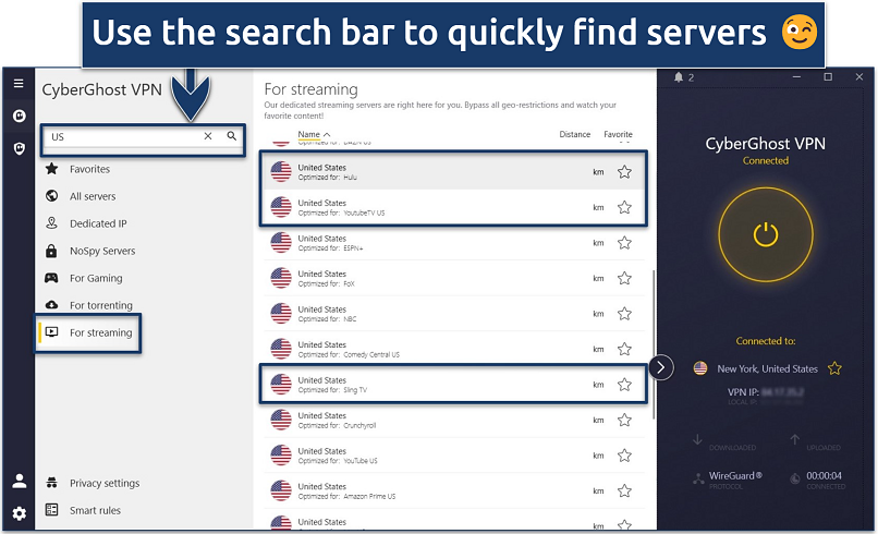 Screenshot of streaming the CyberGhost Windows app with its streaming-optimized IPTV servers connected to