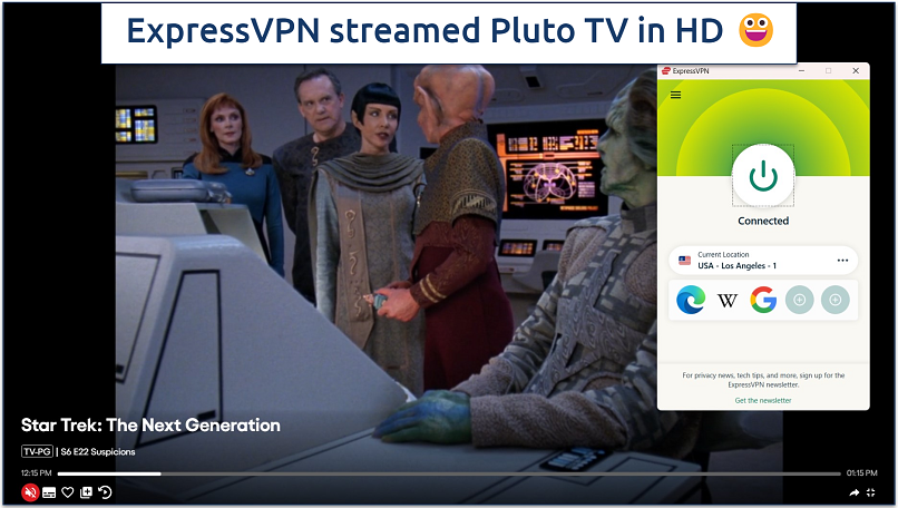 Screenshot of streaming a Star Trek on Pluto TV while connected to ExpressVPN's Los Angeles server