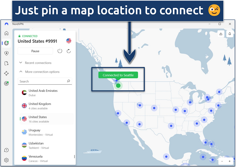 Screenshot of the NordVPN Windows app with a connection to its US Seattle server