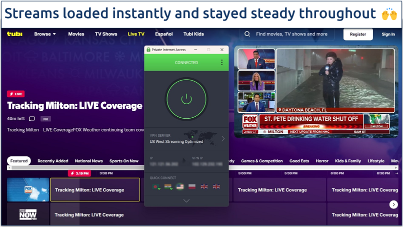 Screenshot of streaming live news TV on Tubi TV while connected to PIA's US West Streaming Optimized server