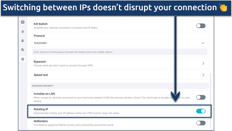 Screenshot of the Surfshark Windows app with its setting page open and Rotating IP enabled