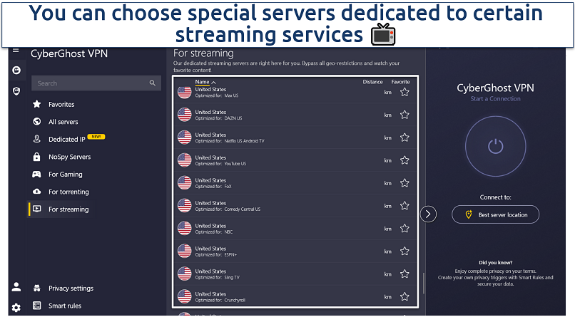 Screenshot of CyberGhost's streaming-optimized servers