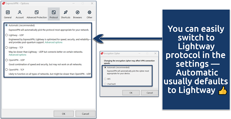 Screenshot of ExpressVPN's protocol settings