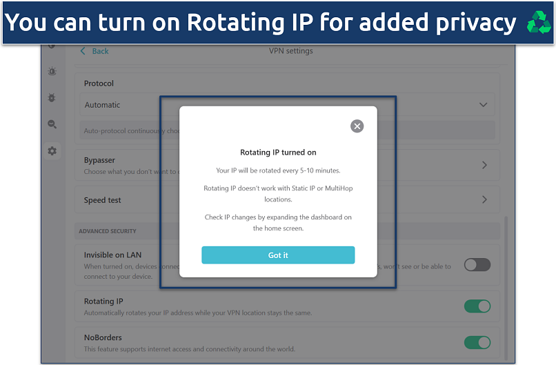 Screenshot of Surfshark's Rotating IP settings