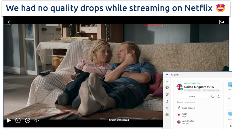 screenshot showing Shaun of the Dead streaming on Netflix with NordVPN connected