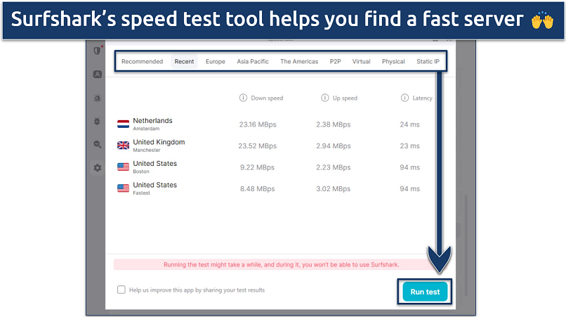 screenshot showing the speedtest feature of Surfshark in its Windows app