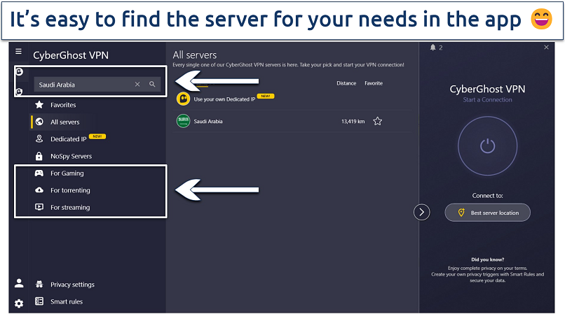 Screenshot displaying CyberGhost's Windows app with Specialty servers highlighted