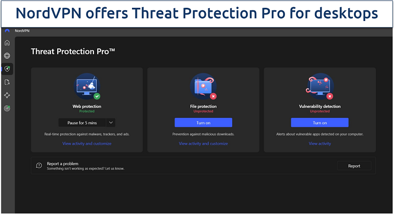 screenshot showing the Threat Protection Pro settings of NordVPN windows app