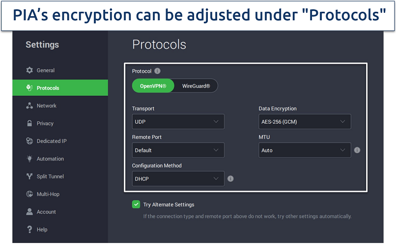 Screenshot showing protocol settings of PIA on Windows app interface