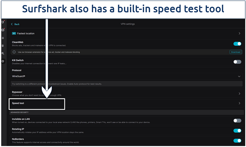 screenshot showing the speedtest feature of Surfshark highlighted on its Windows app