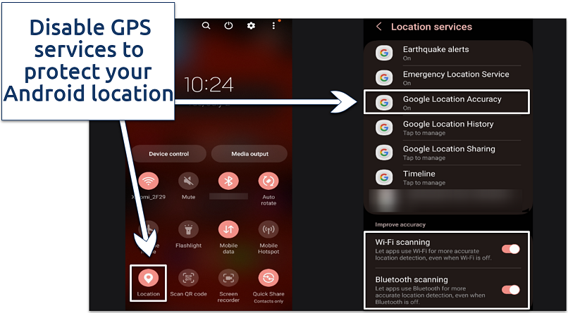 Pictures showing Android GPS services options