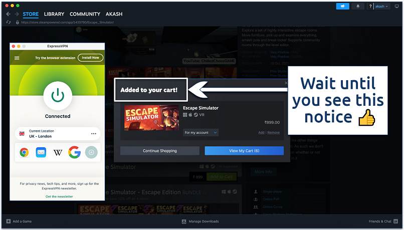 Screenshot of Steam's cart with ExpresVPN connected